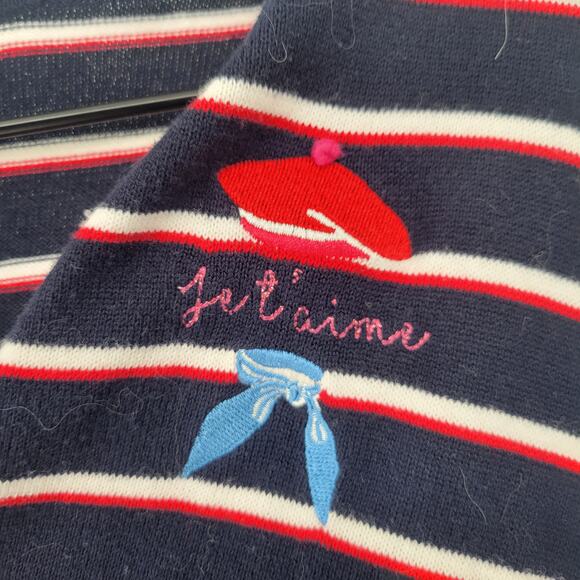 Talbots Womens Sz M Button Up Cotton Sweater Jet'aime Paris France Striped - Picture 2 of 4